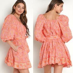 CLEOBELLA Grace Mini Dress in Bloom Block Print Coral Romantic Pastel Size Small